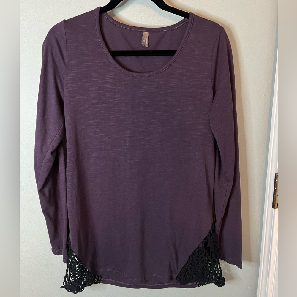 Vanity Plum Long Sleeve Scoop Neck Top with Crochet Trim